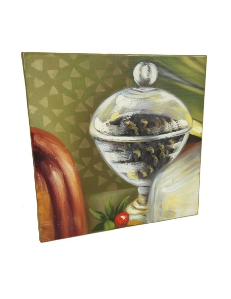 Cuadro pequeño al óleo sobre lienzo de diseño bodegón, cuadro para decorar pared en el hogar. Medidas: 20x20x4 cm.