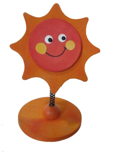 Pinza de madera forma de sol color naranja, base de sobremesa, clip con soporte vertical para tarjetas. 