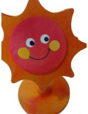 Pinça de fusta forma de sol color taronja, base de sobretaula, clip amb suport vertical per a targetes