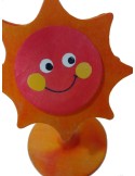 Pinza de madera forma de sol color naranja, base de sobremesa, clip con soporte vertical para tarjetas. 