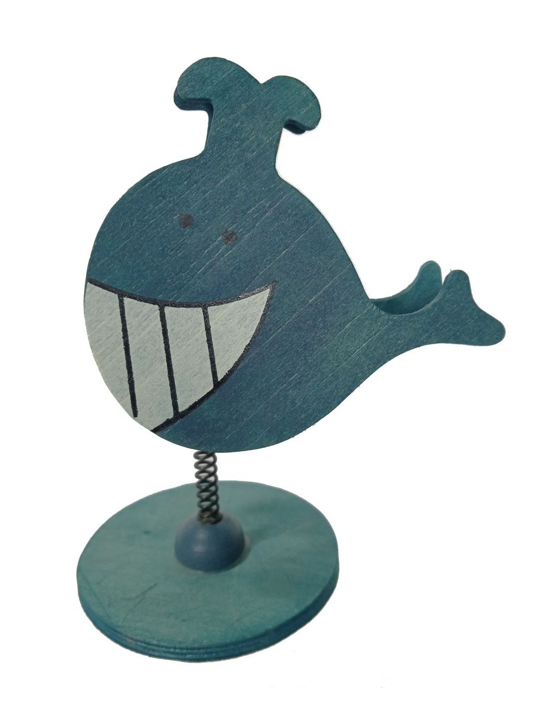 Pinça de fusta forma de balena color blau, base de sobretaula, clip amb suport vertical per a targetes