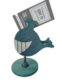 Pinza de madera forma de ballena color azul, base de sobremesa, clip con soporte vertical para tarjetas