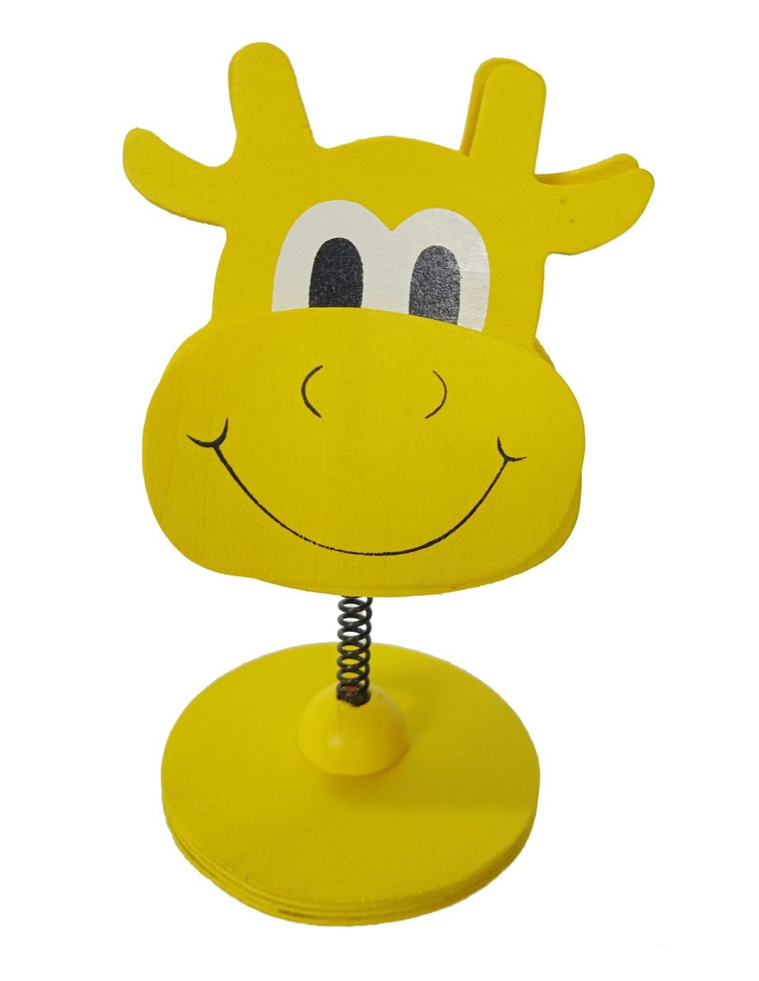 Pinza de madera forma de vaca color amarillo, base de sobremesa, clip con soporte vertical para tarjetas.