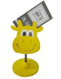 Pinza de madera forma de vaca color amarillo, base de sobremesa, clip con soporte vertical para tarjetas.