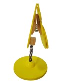 Pinça de fusta forma de sol color groc, base de sobretaula, clip amb suport vertical per a targetes