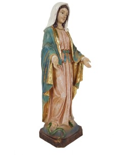 Estatua figura religiosa Virgen Milagrosa escultura imitación de madera vieja decoración hogar. Medidas: 40x11x16 cm.
