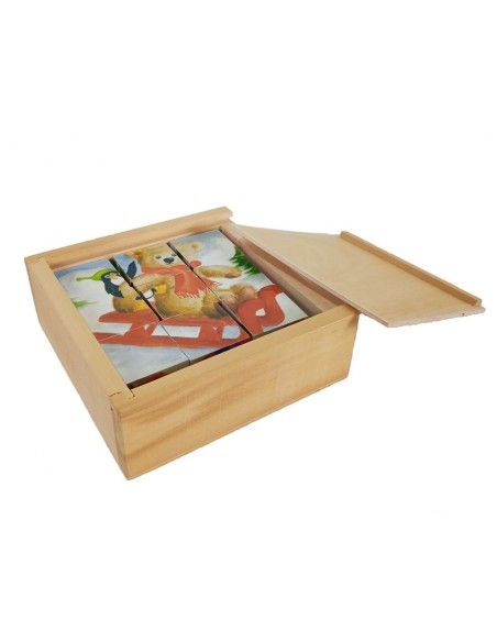 Puzzle de nueve dados en caja de madera con dibujos de osos, juego de encajar infantil para la motricidad. Medidas: 13x13x5 cm.