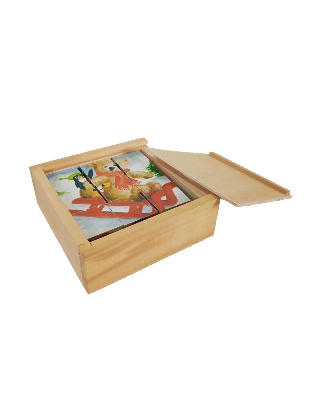 Puzzle de nueve dados en caja de madera con dibujos de osos, juego de encajar infantil para la motricidad.