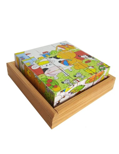 Casse-tête de neuf dés dans une boîte en bois avec des dessins d'ours