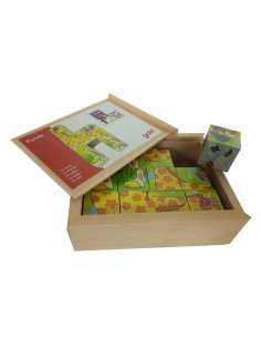Puzle de dotze daus en caixa de fusta amb dibuixos, joc d´encaixar infantil per a la motricitat. Mides: 5x17x13 cm.