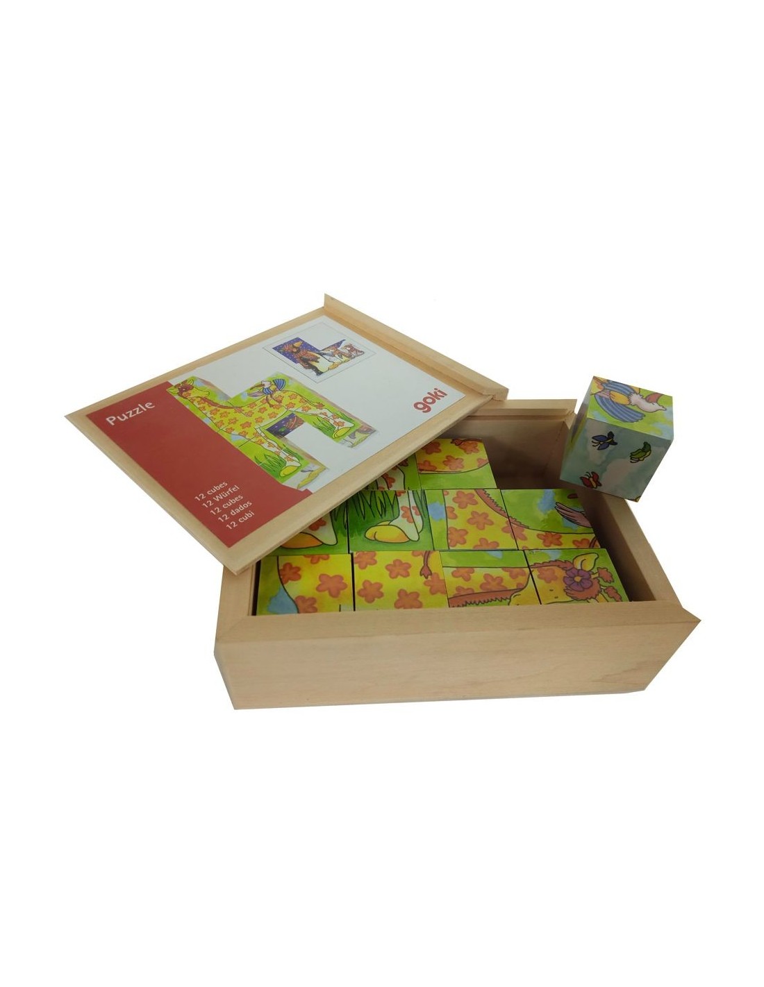 Puzle de dotze daus en caixa de fusta amb dibuixos, joc d´encaixar infantil per a la motricitat.