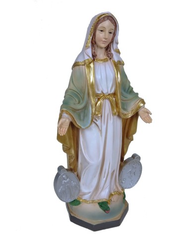 Estatua figura Virgen Milagrosa con medallas de resina y pintada a mano decoración hogar.