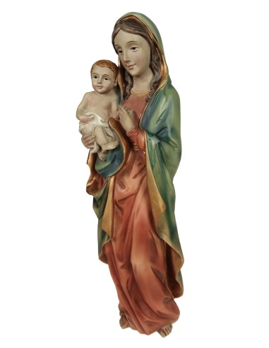Figure Vierge à l'Enfant ou Madone avec l'enfant Jésus dans ses bras statue religieuse peinte à la main. Mesures : 31 cm.