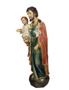 Sculpture religieuse Saint Joseph avec l'Enfant Jésus dans ses bras et des fleurs à la main. Mesures : 31 cm. 2