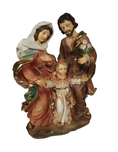 Sculpture religieuse Sainte Famille peinte à la main pour le culte. Mesures : 20 cm.