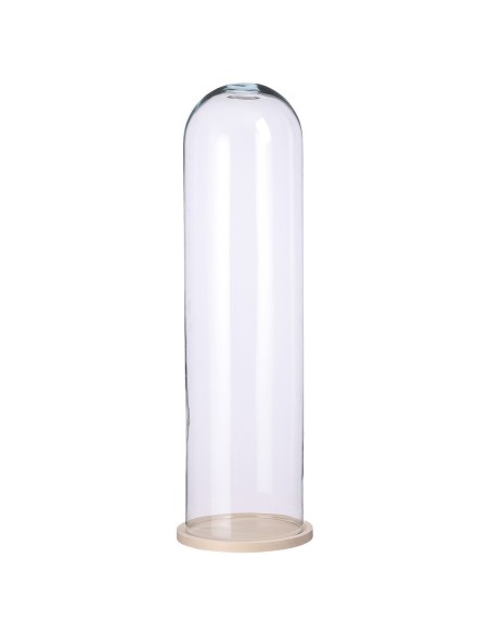 Cúpula campana de cristal con base madera color natural para exposición de objetos decorativos. Medidas: 72xØ22 cm.