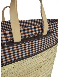 Panier en feuille de palmier majorquin avec poignées en cuir et tissu en balles, panier à provisions. 2