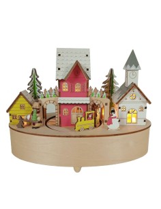 Caixa de música de fusta amb forma poble i tren de carrusel amb il·luminació indirecta decoració Nadalenca.Mides:18x22x11 cm.