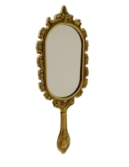 Espejo de mano para tocador de latón dorado de estilo vintage decoración baño y habitación hogar. Medidas: 26x9 cm.