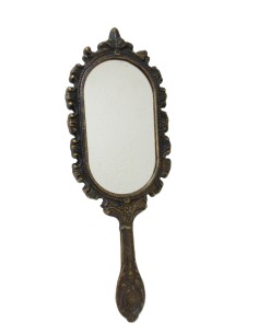 Espejo de mano para tocador de latón envejecido de estilo vintage decoración baño y habitación hogar. Medidas: 26x9 cm.