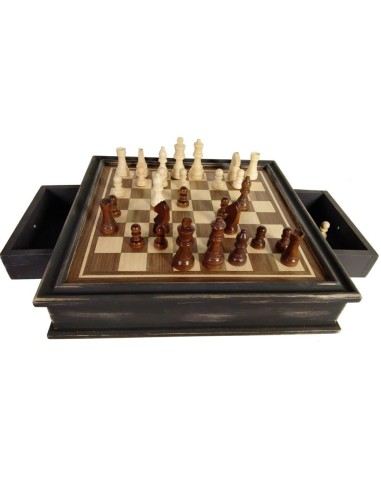 Échiquier vintage en bois massif décapé en noir avec tiroir pour jetons de jeux de société.