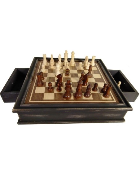Tablero de ajedrez vintage madera maciza decapada en negro con cajón para fichas de juego de mesa. Medidas: 39x39 cm.