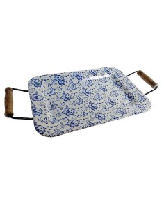 Bandeja para Cocina de Metal Esmaltado Color Azul, Diseño Retro y Asas de Madera, Decoración Hogar