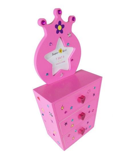 Joier còmoda per a nines color rosa amb calaixos i marc per a foto joguina fusta. Mides: 30x15x7 cm.