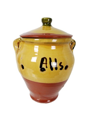 Grand pot à ail en céramique avec couvercle et trous de ventilation, fait à la main, ustensiles de cuisine.