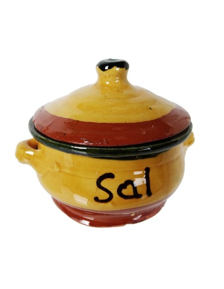 Salero grande de cerámica de arcilla con tapa y boca grande, fabricación artesanal, menaje de cocina. Medidas: 11xØ14 cm.