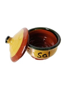 Salero grande de cerámica de arcilla con tapa y boca grande, fabricación artesanal, menaje de cocina. 2