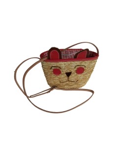 Bolso bandolera infantil de fibras naturales con dibujo de color rojo y cierre de cremallera. 2