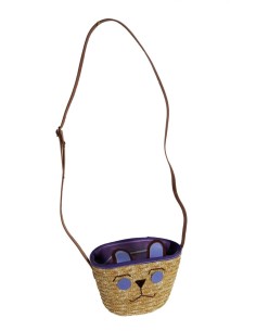 Sac à bandoulière pour enfant en fibres naturelles avec un dessin lilas et une fermeture à glissière.