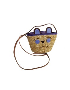 Bolso bandolera infantil de fibras naturales con dibujo de color lila y cierre de cremallera.  2