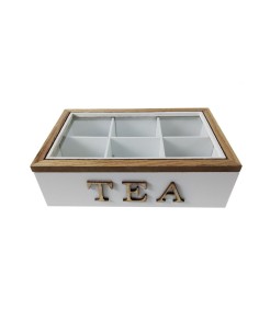 Boite de rangement thé pour sachets et infusions, coffret en bois blanc avec 6 compartiments de style vintage.