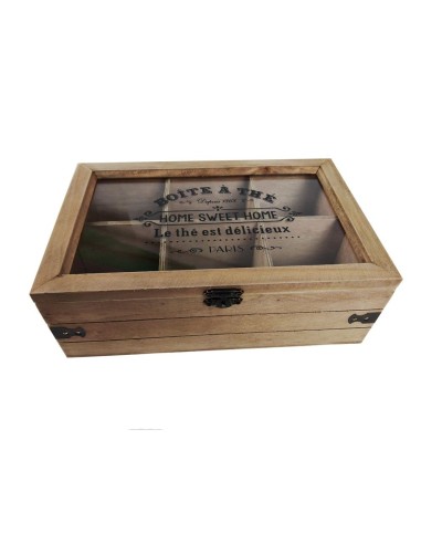 Caja almacenaje de té para bolsitas e infusiones, caja de madera con 6 compartimientos estilo vintage