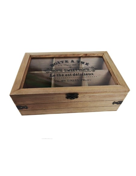 Caja almacenaje de té para bolsitas e infusiones, caja de madera con 6 compartimientos estilo vintage. Medidas 8x24x16 cm.
