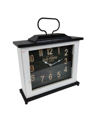 Horloge de table vintage en bois et métal, sphère carrée avec verre