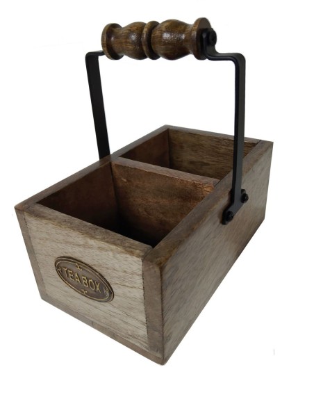 Caja de madera maciza de acacia para bolsitas de té e infusiones con 2 compartimientos estilo vintage. Medidas18x10,5x17 cm.