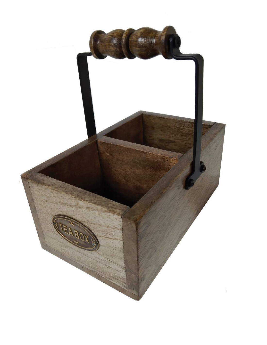 Caja de madera maciza de acacia con agarre para bolsitas de té e infusiones con 2 compartimientos estilo vintage