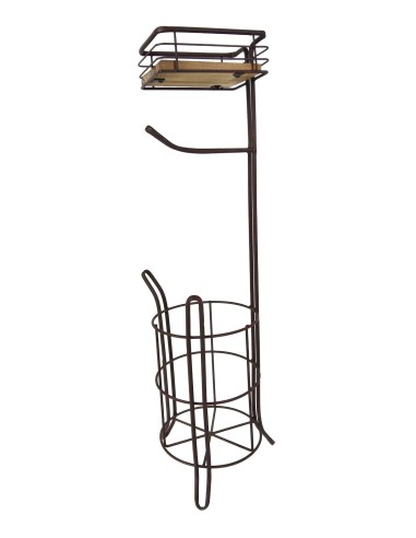 Portarrollos de pie para baño de hierro y madera en color negro accesorio para lavabo de estilo vintage.