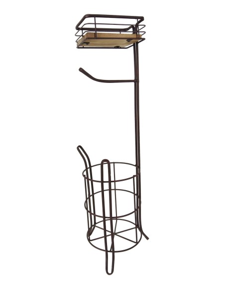 Portarrollos de pie para baño de hierro y madera en color negro accesorio para lavabo de estilo vintage.