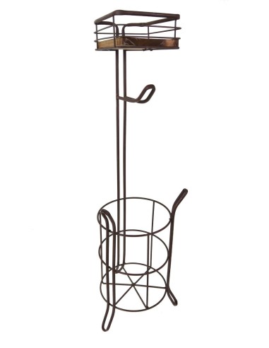 Portarrollos de pie para baño de hierro y madera en color negro accesorio para lavabo de estilo vintage.