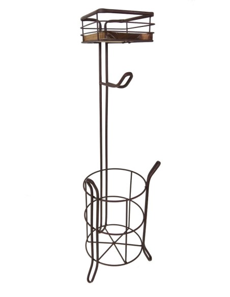 Portarrollos de pie para baño de hierro y madera en color negro accesorio para lavabo de estilo vintage.