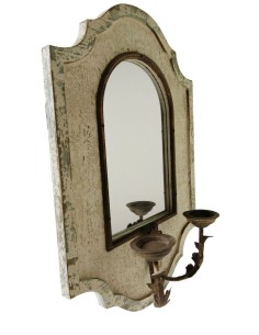 Miroir mural en bois peint et décapé bicolore avec un bougeoir en métal à décor vintage 2