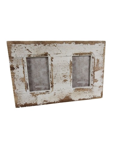 Marco portafotos para dos fotos 10x15 para colgar en pared de madera color blanco roto decapado estilo vintage