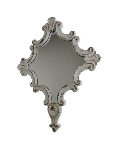 Espejo de pared de madera pintada y decapada de color blanco, decoración hogar de estilo vintage. Medidas: 76x60x4 cm.