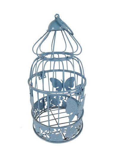 Cage en métal bleu à suspendre ou à poser pour la décoration, le jardin ou la maison. Pot de fleur.