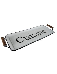 Bandeja esmaltada blanca estilo vintage con asa de madera, servicio de mesa y cocina