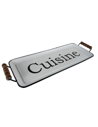 Bandeja esmaltada blanca estilo vintage con asa de madera, servicio de mesa y cocina